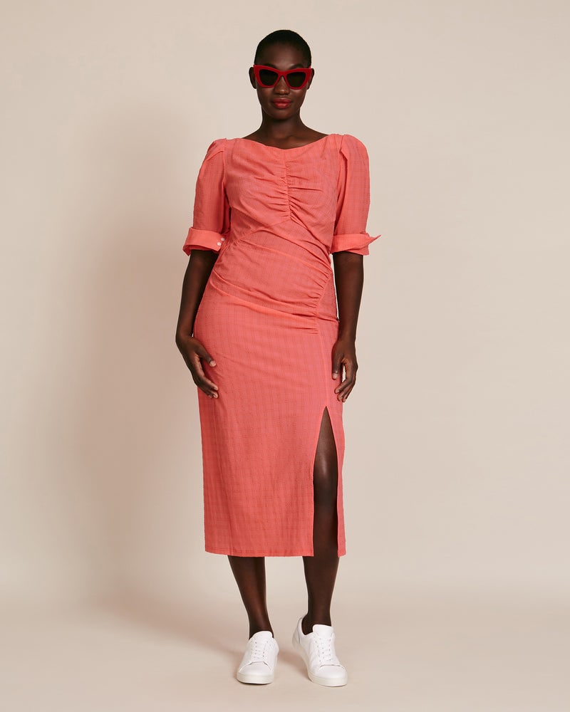 Front of a model wearing a size 12 Proposition Dress in Coral by Rachel Comey. | dia_product_style_image_id:227842